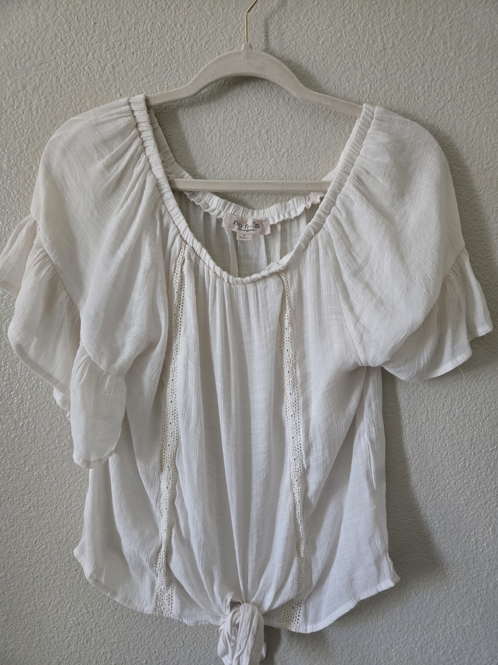 White Tie-Front Peasant Blouse with Lace Trim